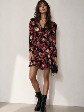 THE KOOPLES Floral Mini Dress Black Pink Rose Print NWT Size 1 MSRP $460